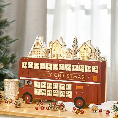 LOVMOR HOMCOM Light Up Wooden Bus Christmas Advent Calendar Countdown Drawer