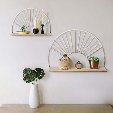 Set Of 2 Arched Wall Shelves - Contemporary Gold Metal Wood Decorative Floating Wall Storage Shelf