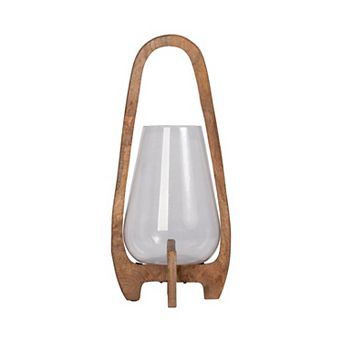 Sculpted Wood Glass Hurricane Lantern, For Decorative Use, Mango Wood And Glass