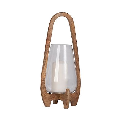 Sculpted Wood Glass Hurricane Lantern, For Decorative Use, Mango Wood And Glass