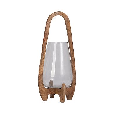 Sculpted Wood Glass Hurricane Lantern, For Decorative Use, Mango Wood And Glass