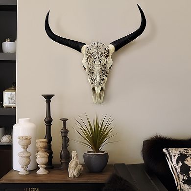 Sagebrook Home Resin 28" Bull Skull Wall Accent In Ivory/black - Polyresin Elegance For Home Decor