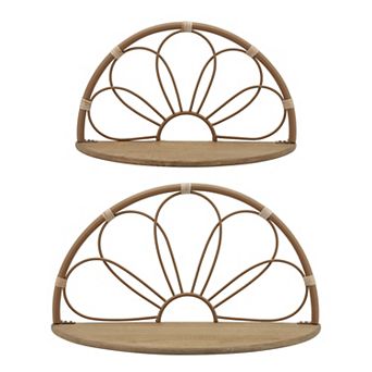 Set Of 2 Metal Arched Wall Shelves - 11" / 13" Brown Iron Flower Mounted Shelf Set - Rustic Hanging