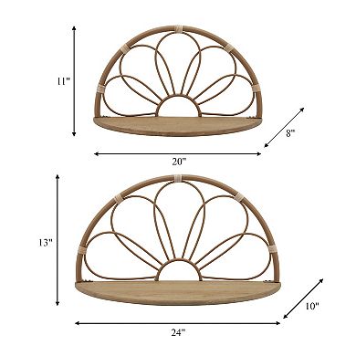 Set Of 2 Metal Arched Wall Shelves - 11" / 13" Brown Iron Flower Mounted Shelf Set - Rustic Hanging