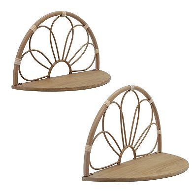 Set Of 2 Metal Arched Wall Shelves - 11" / 13" Brown Iron Flower Mounted Shelf Set - Rustic Hanging