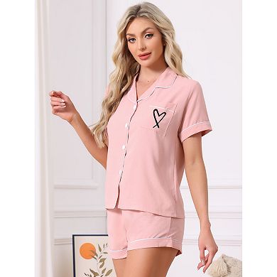 Women's Pajama Set Heart Print Cute Sleepwear Short Sleeve Button Down Shirt with Shorts Lounge Sets