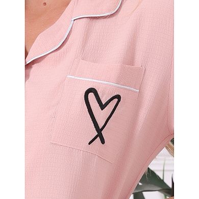 Women's Pajama Set Heart Print Cute Sleepwear Short Sleeve Button Down Shirt with Shorts Lounge Sets
