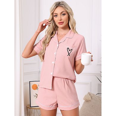Women's Pajama Set Heart Print Cute Sleepwear Short Sleeve Button Down Shirt with Shorts Lounge Sets