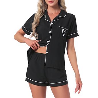 Women's Pajama Set Heart Print Cute Sleepwear Short Sleeve Button Down Shirt with Shorts Lounge Sets