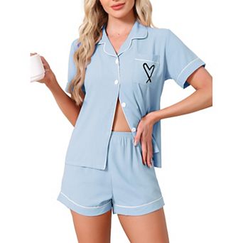 Women's Pajama Set Heart Print Cute Sleepwear Short Sleeve Button Down Shirt with Shorts Lounge Sets