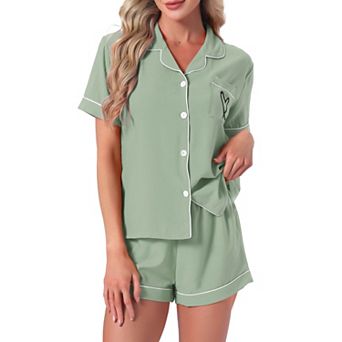 Women's Pajama Set Heart Print Cute Sleepwear Short Sleeve Button Down Shirt with Shorts Lounge Sets