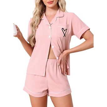 Women's Pajama Set Heart Print Cute Sleepwear Short Sleeve Button Down Shirt with Shorts Lounge Sets