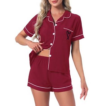 Women's Pajama Set Heart Print Cute Sleepwear Short Sleeve Button Down Shirt with Shorts Lounge Sets