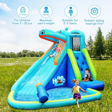 Costway Inflatable Kids Hippo Bounce House Slide Climbing Wall Splash Pool w/ Bag