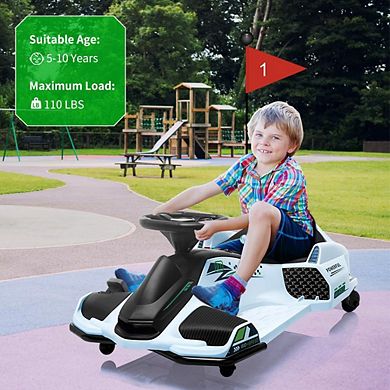 12V Kids Drift Car, Electric Go-Kart w/45W Motor, 5 MPH Variable Speed, LED Lights, Safety Alarm