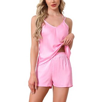 Women's Satin Short Loungewear Sets Dual Straps Sleeveless Racer Back Silky Cami Pajama Sets 2 pc