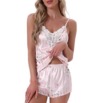 Women's Pajama Set Sleeveless Sleepwear Flower Print Lace Lingerie Camisole Shorts Set Nightwear