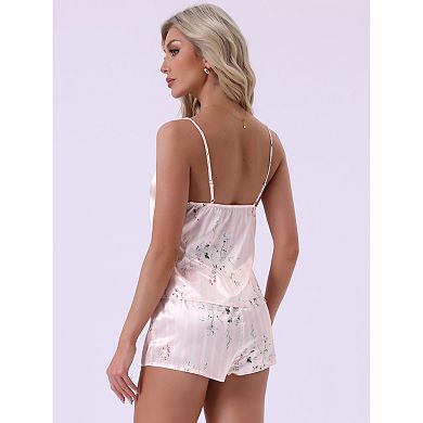 Women's Pajama Set Sleeveless Sleepwear Flower Print Lace Lingerie Camisole Shorts Set Nightwear
