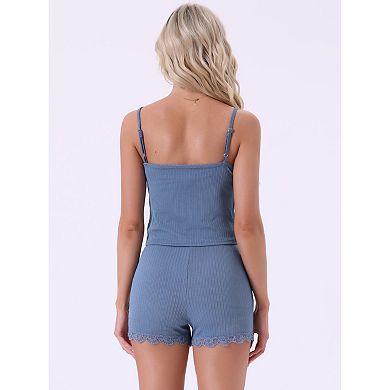 Women's Pajamas Ribbed Knit Lace Trim Camisole Sleeveless Tank Top with Shorts Sleepwear Lounge Sets