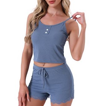 Women's Pajamas Ribbed Knit Lace Trim Camisole Sleeveless Tank Top with Shorts Sleepwear Lounge Sets