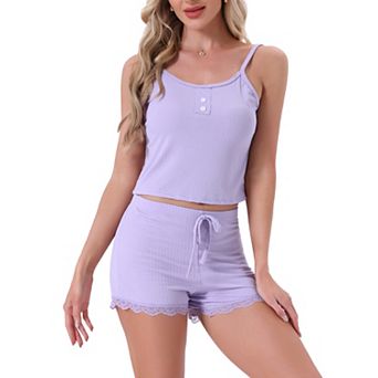 Women's Pajamas Ribbed Knit Lace Trim Camisole Sleeveless Tank Top with Shorts Sleepwear Lounge Sets