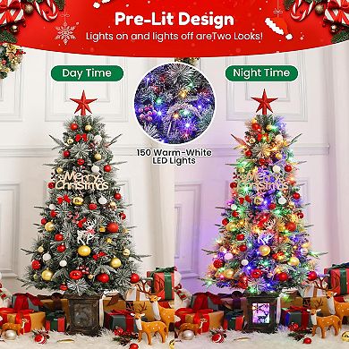 4.5FT Pre-Lit Christmas Tree 150 Dual-Color Lights Snow Berries Elk Base
