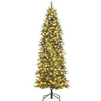 6-12FT Slim Pre-Lit Frosted Christmas Tree with Warm White LEDs and Stand