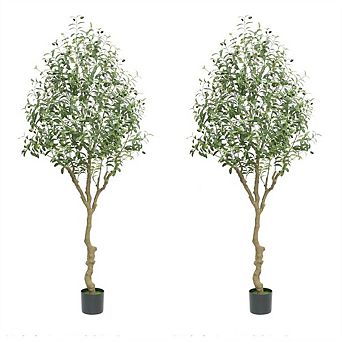 2 pc Artificial Olive Tree Indoor Faux Tree with Wood Trunk Realistic Leaves and Fruits