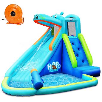 Costway Inflatable Kids Hippo Bounce House Slide Climbing Wall Splash Pool w/740W Blower