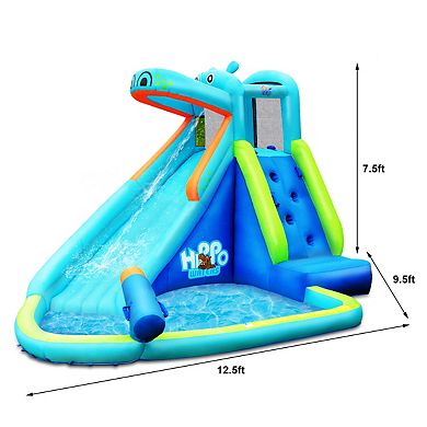 Costway Inflatable Kids Hippo Bounce House Slide Climbing Wall Splash Pool w/740W Blower