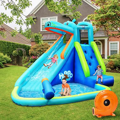 Costway Inflatable Kids Hippo Bounce House Slide Climbing Wall Splash Pool w/740W Blower