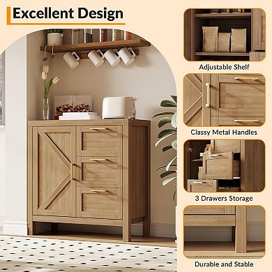 Drawer Sideboard Buffet with Adjustable Shelf & Wood Legs for Dining/Living Room