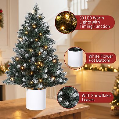 3FT Small Prelit Snow Flocked Tabletop Christmas Tree with Pot and 40 Warm Lights