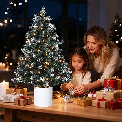 3FT Small Prelit Snow Flocked Tabletop Christmas Tree with Pot and 40 Warm Lights