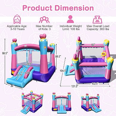 Costway Inflatable Bounce House 3-in-1 Princess Theme Inflatable Castle w/ 735W Blower
