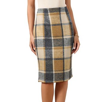 Midi Plaid Skirts for Women High Waisted Knee Length Casual Bodycon Pencil Skirts