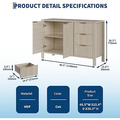 Fluted Sideboard with 2 Doors & 3 Drawers, Adjustable Shelf for Dining/Living Room