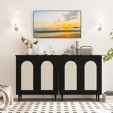 Rattan Sideboard Buffet with Solid Wood Feet, Ample Storage for Living Room