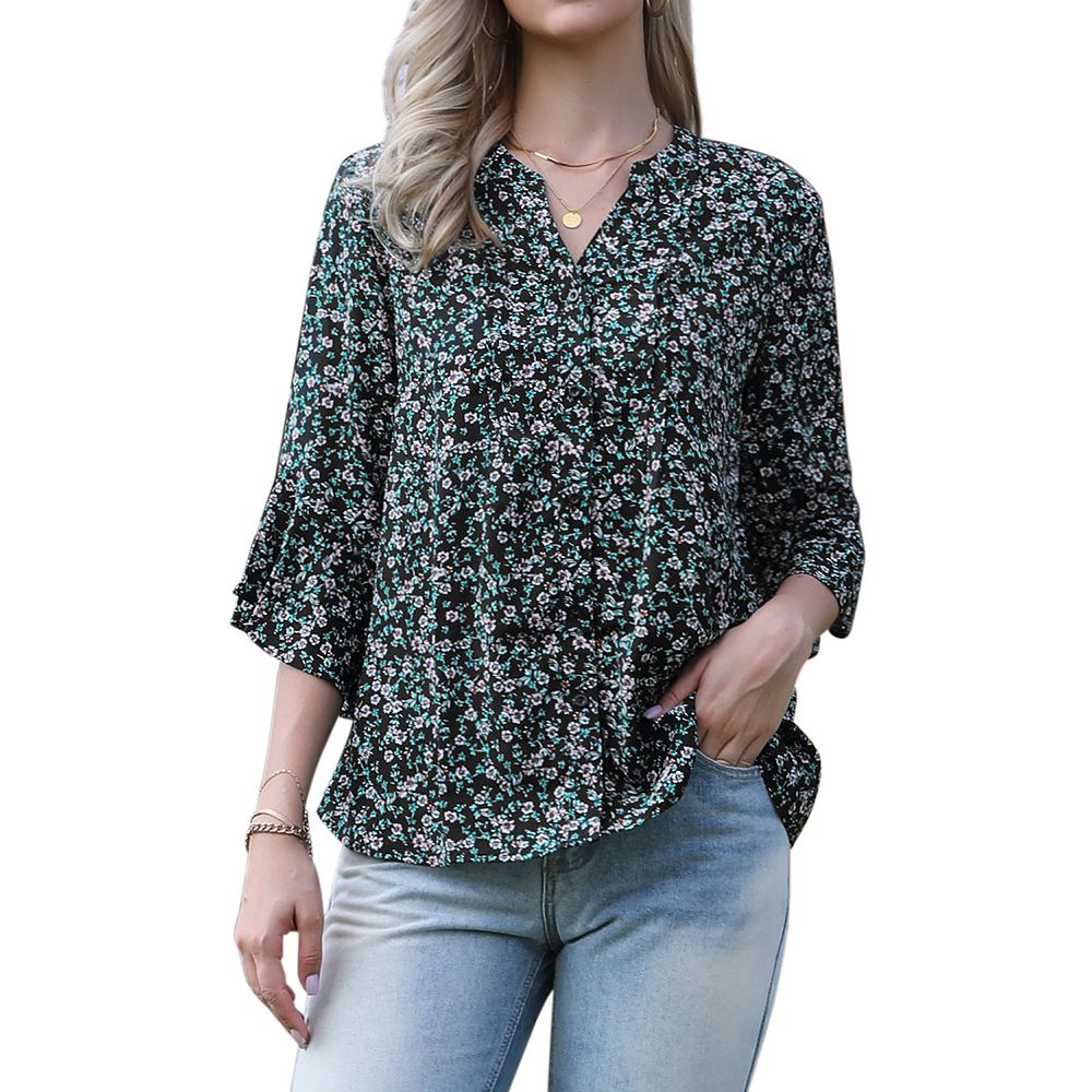 3/4 Sleeve for Women's Tops V Neck Floral Blouses Ruffle Sleeve Dressy ...