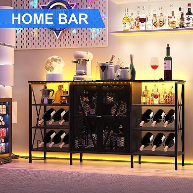 LED Wine Bar Cabinet with Bottle Rack & Stemware Holder, Rustic Liquor Storage Buffet Sideboard