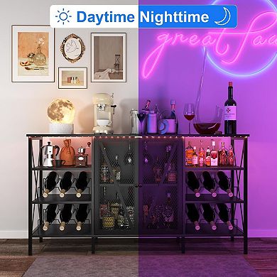 LED Wine Bar Cabinet with Bottle Rack & Stemware Holder, Rustic Liquor Storage Buffet Sideboard