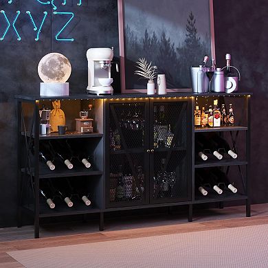 LED Wine Bar Cabinet with Bottle Rack & Stemware Holder, Rustic Liquor Storage Buffet Sideboard