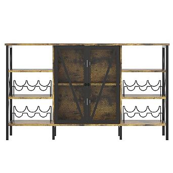 LED Wine Bar Cabinet with Bottle Rack & Stemware Holder, Rustic Liquor Storage Buffet Sideboard