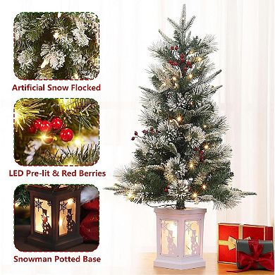 2PCS 3FT Snow Flocked Christmas Tree Snowman Base 78 Warm LEDs 8 Modes