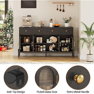Farmhouse Sideboard with 4 Doors & 3 Drawers, Coffee Bar Cabinet for Living Room