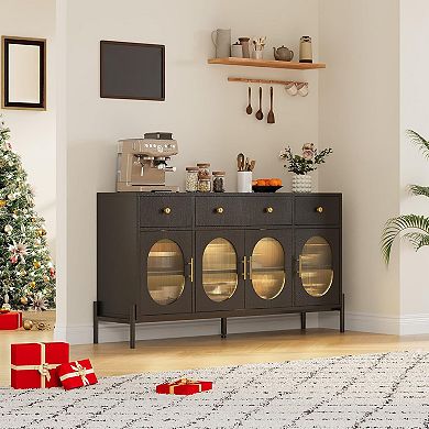 Farmhouse Sideboard with 4 Doors & 3 Drawers, Coffee Bar Cabinet for Living Room