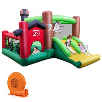 Costway Farm Themed Inflatable Castle Kids Bounce House w/ Double Slides & 680W Blower