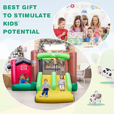Costway Farm Themed Inflatable Castle Kids Bounce House w/ Double Slides & 680W Blower