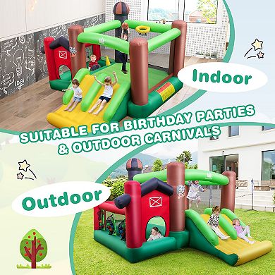 Costway Farm Themed Inflatable Castle Kids Bounce House w/ Double Slides & 680W Blower