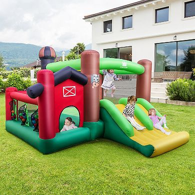 Costway Farm Themed Inflatable Castle Kids Bounce House w/ Double Slides & 680W Blower
